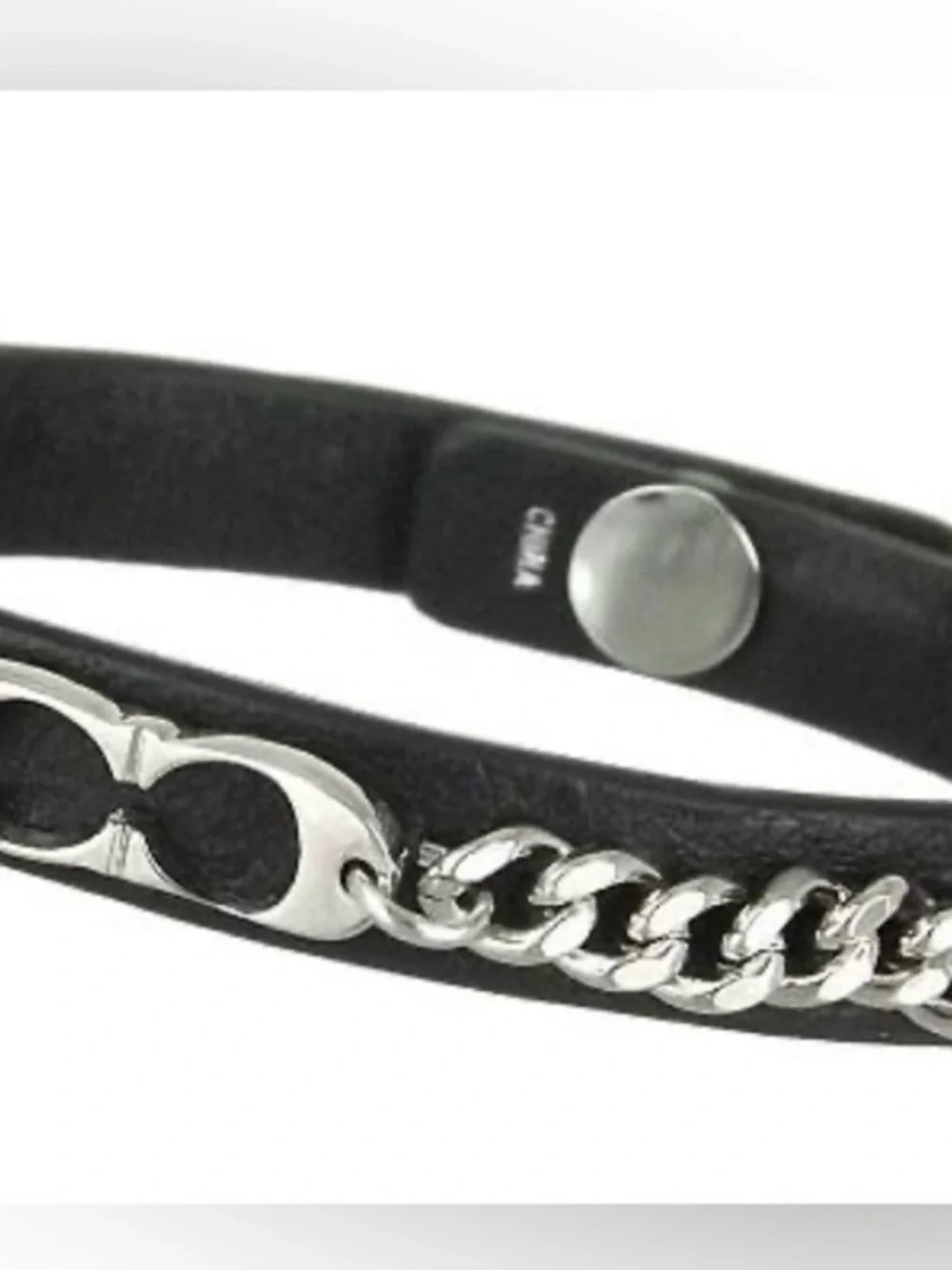 Coach Black Leather Bracelet with Silver Chain Accent